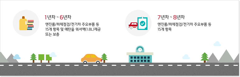1년차 ~ 6년차 : 엔진룸/하체점검/전기차 주요부품 등 15개 항목 및 에탄올 워셔액(1.8L)제공 또는 보충, 7년차 ~ 8년차 : 엔진룸/하체점검/전기차 주요부품 등 15개 항목